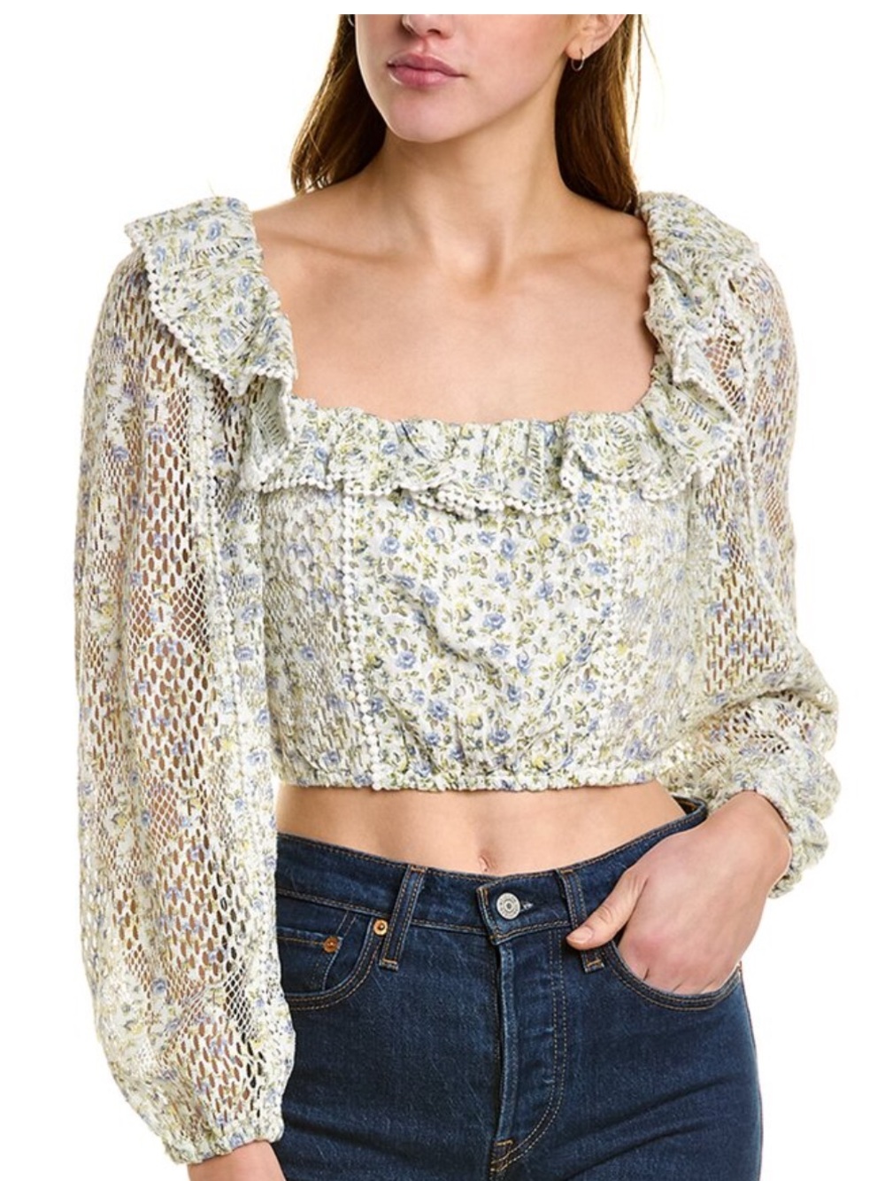 LoveShackFancy White Floral Dorabella Cropped Blouse Size XS